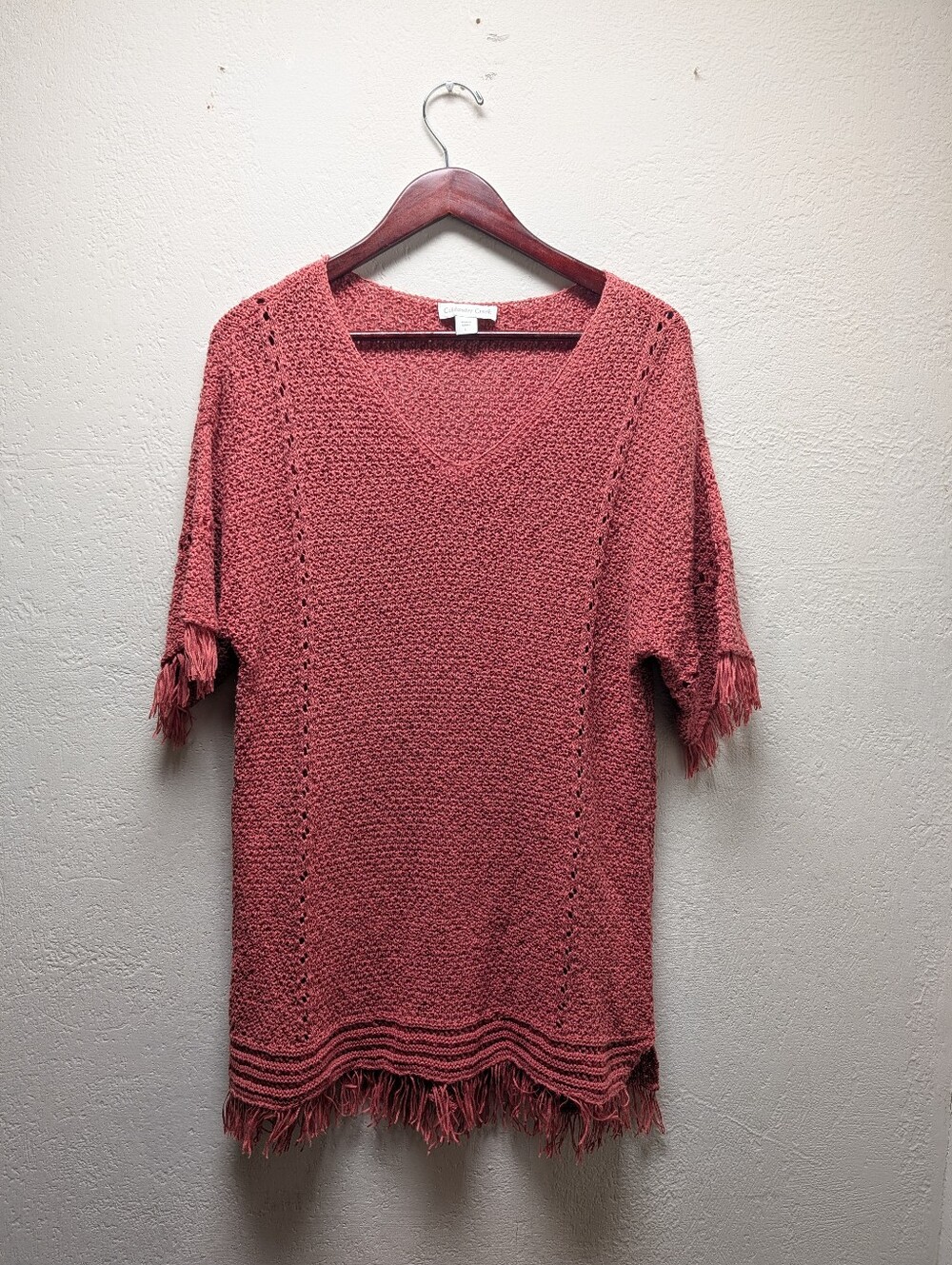 Coldwater Creek Pink Knit Pullover Sweater V-Neck Short Sleeve Fringe Hem L Boho